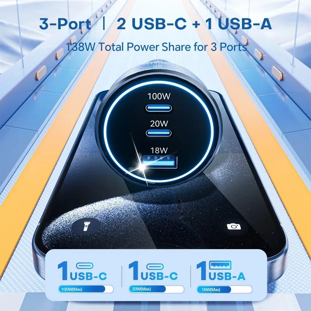 ASOMETECH 138W GaN 3-Port USB-C Car Charger - Image 3