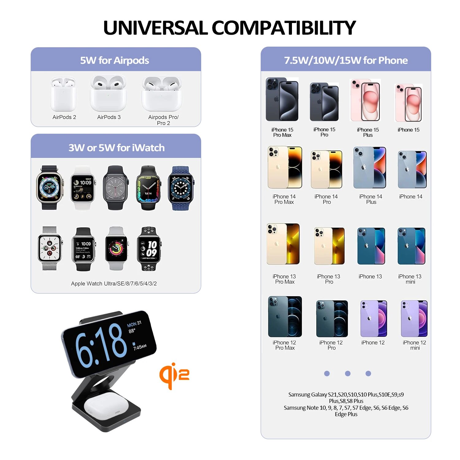 3-in-1 wireless charger for phone watch and earbuds