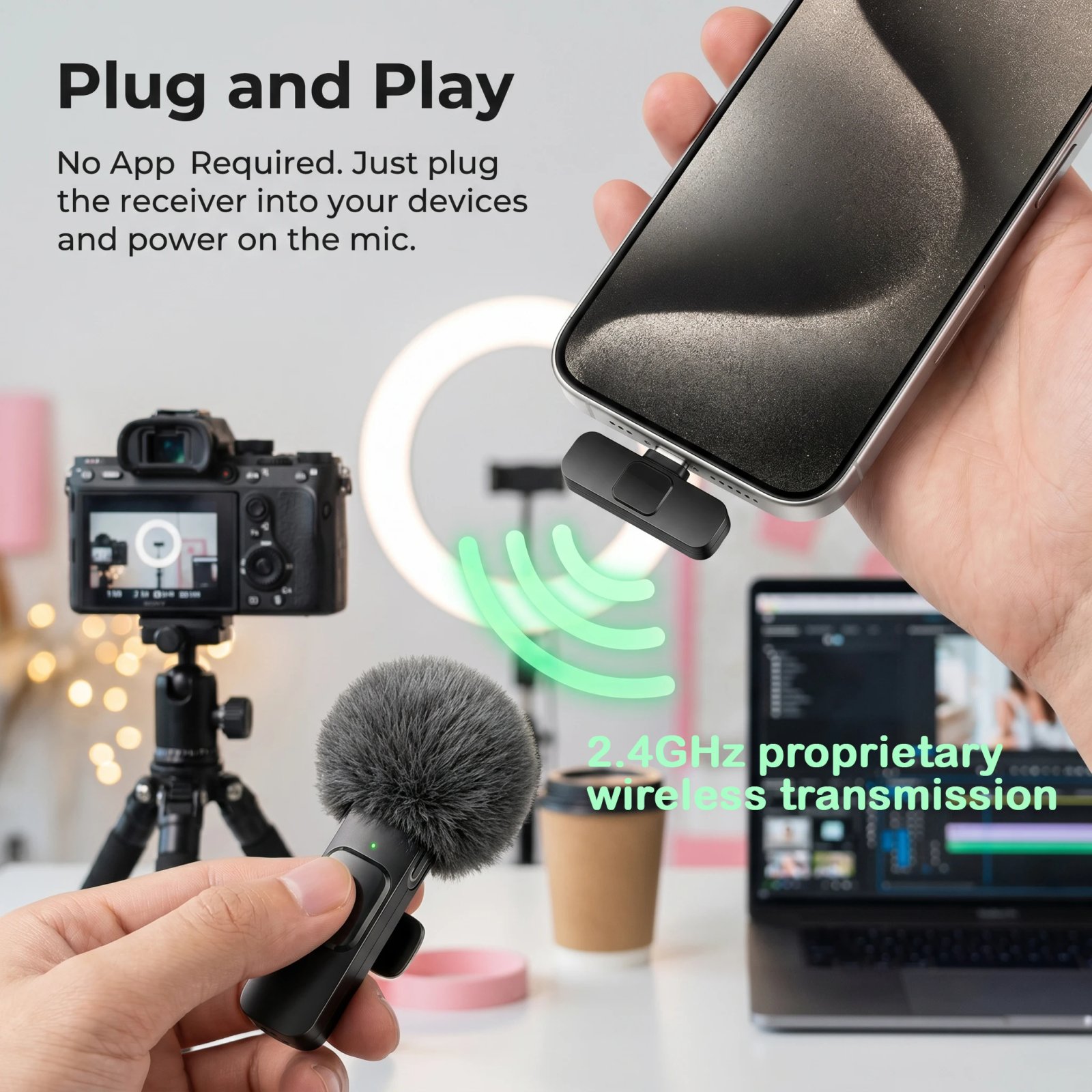 Wireless Lavalier Microphone with furry windscreen