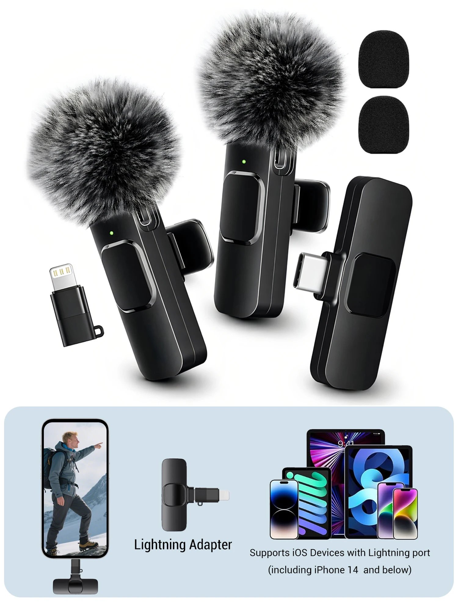 Wireless Lavalier Microphone with Furry Windscreen for USB-C and Lightning