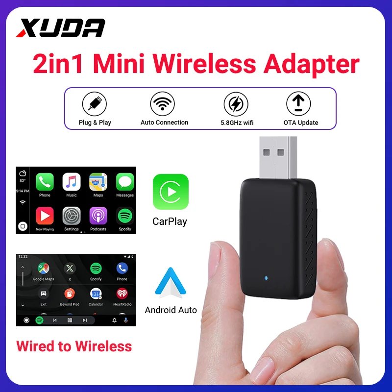 2-in-1 Wireless CarPlay & Android Auto Adapter – 5GHz WiFi Wired to Wireless Converter